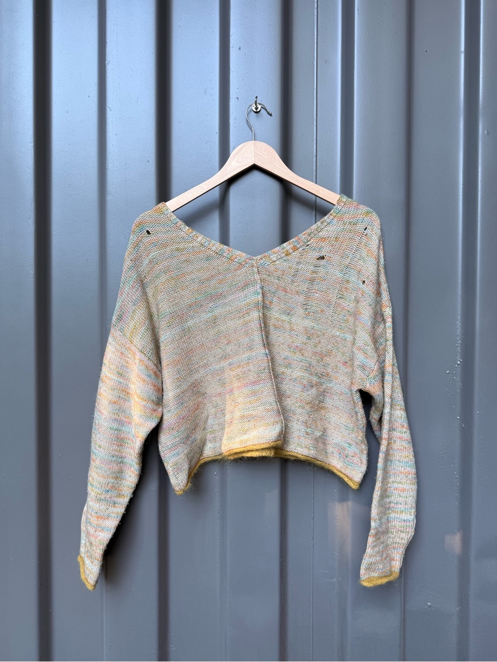 Raquel Allegra Multicolor V-Neck Cropped Knit Sweater with Yellow Trim